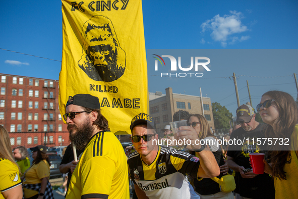 Columbus Crew supporters are seen prior to the start of the 'Hell is Real' Major League Soccer match between FC Cincinnati and the Columbus...