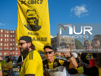 Columbus Crew supporters are seen prior to the start of the 'Hell is Real' Major League Soccer match between FC Cincinnati and the Columbus...