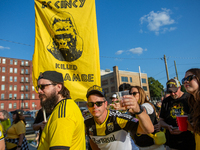 Columbus Crew supporters are seen prior to the start of the 'Hell is Real' Major League Soccer match between FC Cincinnati and the Columbus...