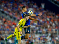 Cincinnati attacker Kevin Kelsy heads the ball during the 'Hell is Real' Major League Soccer match between FC Cincinnati and the Columbus Cr...