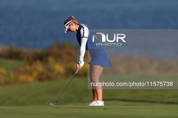 GAINESVILLE, VIRGINIA - SEPTEMBER 14: Emily Kristine Pedersen of Team Europe hits from the 17th fairway during Day Two of the Solheim Cup at...