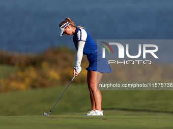 GAINESVILLE, VIRGINIA - SEPTEMBER 14: Emily Kristine Pedersen of Team Europe hits from the 17th fairway during Day Two of the Solheim Cup at...