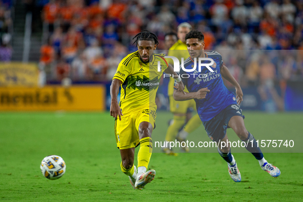 Columbus defender Steven Moreira appears during the 'Hell is Real' Major League Soccer match between FC Cincinnati and the Columbus Crew at...