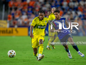 Columbus defender Steven Moreira appears during the 'Hell is Real' Major League Soccer match between FC Cincinnati and the Columbus Crew at...