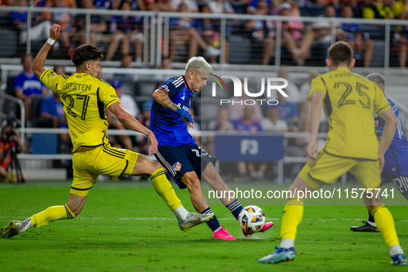 Cincinnati midfielder Luca Orellano takes a shot during the 'Hell is Real' Major League Soccer match between FC Cincinnati and the Columbus...