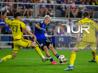 Cincinnati midfielder Luca Orellano takes a shot during the 'Hell is Real' Major League Soccer match between FC Cincinnati and the Columbus...