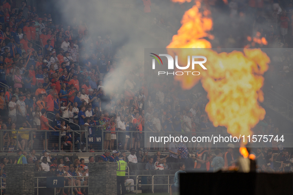 Flames are seen prior to the start of the 'Hell is Real' Major League Soccer match between FC Cincinnati and the Columbus Crew at TQL Stadiu...