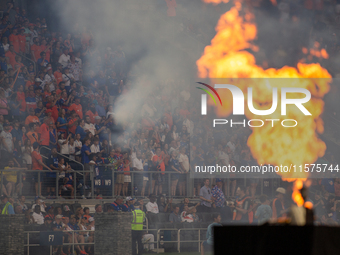 Flames are seen prior to the start of the 'Hell is Real' Major League Soccer match between FC Cincinnati and the Columbus Crew at TQL Stadiu...