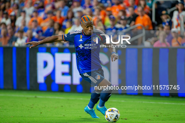 Cincinnati attacker Sergio Santos moves the ball upfield during the 'Hell is Real' Major League Soccer match between FC Cincinnati and the C...