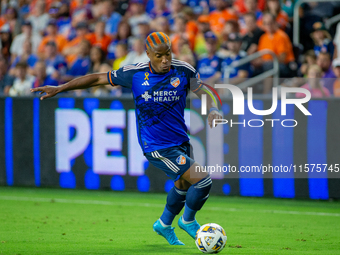 Cincinnati attacker Sergio Santos moves the ball upfield during the 'Hell is Real' Major League Soccer match between FC Cincinnati and the C...