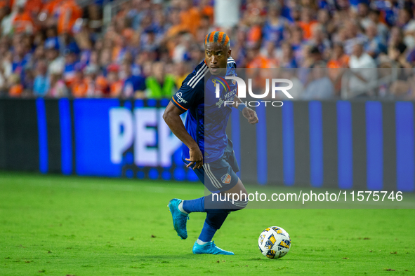 Cincinnati attacker Sergio Santos moves the ball upfield during the 'Hell is Real' Major League Soccer match between FC Cincinnati and the C...