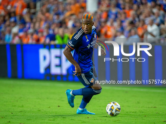 Cincinnati attacker Sergio Santos moves the ball upfield during the 'Hell is Real' Major League Soccer match between FC Cincinnati and the C...