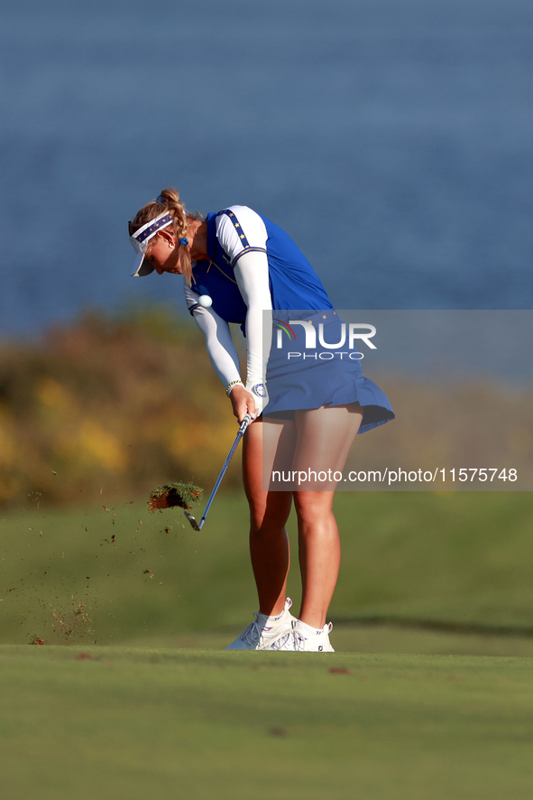 GAINESVILLE, VIRGINIA - SEPTEMBER 14: Emily Kristine Pedersen of Team Europe hits from the 17th fairway during Day Two of the Solheim Cup at...