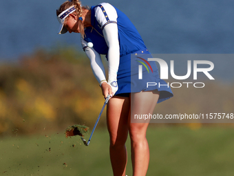 GAINESVILLE, VIRGINIA - SEPTEMBER 14: Emily Kristine Pedersen of Team Europe hits from the 17th fairway during Day Two of the Solheim Cup at...