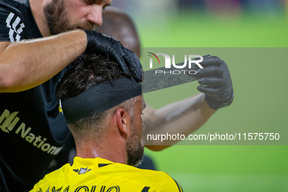 Columbus defender Rudy Camacho receives medical attention during the 'Hell is Real' Major League Soccer match between FC Cincinnati and the...