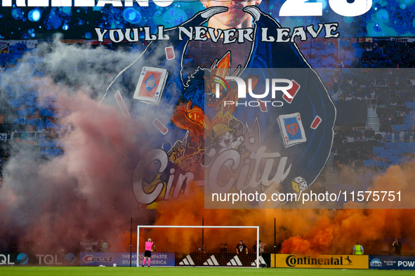 A tifo is seen prior to the start of the 'Hell is Real' Major League Soccer match between FC Cincinnati and the Columbus Crew at TQL Stadium...