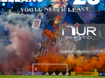 A tifo is seen prior to the start of the 'Hell is Real' Major League Soccer match between FC Cincinnati and the Columbus Crew at TQL Stadium...