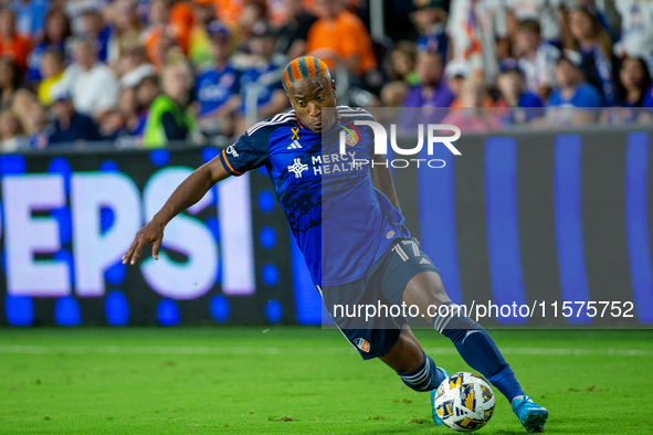 Cincinnati attacker Sergio Santos moves the ball upfield during the 'Hell is Real' Major League Soccer match between FC Cincinnati and the C...