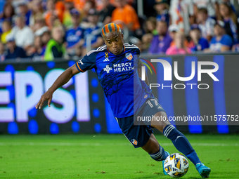 Cincinnati attacker Sergio Santos moves the ball upfield during the 'Hell is Real' Major League Soccer match between FC Cincinnati and the C...