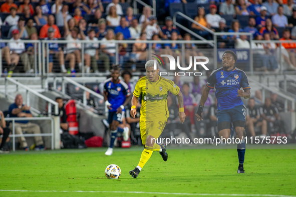 Columbus attacker, Cucho Hernandez, moves the ball upfield during the 'Hell is Real' Major League Soccer match between FC Cincinnati and the...