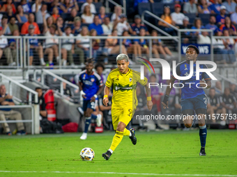 Columbus attacker, Cucho Hernandez, moves the ball upfield during the 'Hell is Real' Major League Soccer match between FC Cincinnati and the...