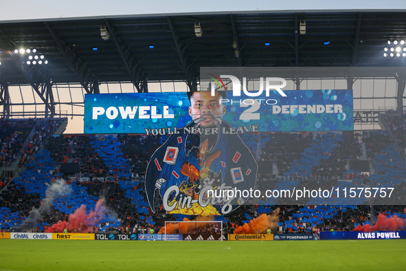 A tifo is seen prior to the start of the 'Hell is Real' Major League Soccer match between FC Cincinnati and the Columbus Crew at TQL Stadium...