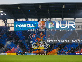 A tifo is seen prior to the start of the 'Hell is Real' Major League Soccer match between FC Cincinnati and the Columbus Crew at TQL Stadium...