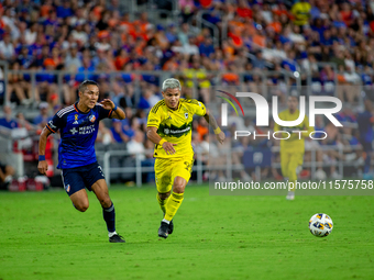 Cincinnati midfielder Yuya Kubo and Columbus attacker Cucho Hernandez compete for the ball during the 'Hell is Real' Major League Soccer mat...