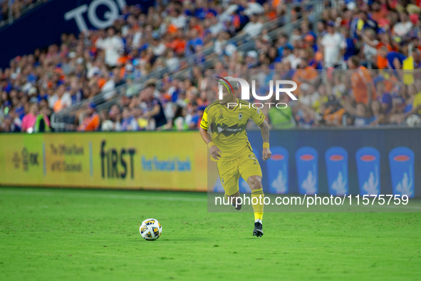 Columbus attacker, Cucho Hernandez, moves the ball upfield during the 'Hell is Real' Major League Soccer match between FC Cincinnati and the...