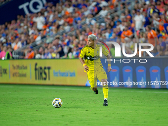 Columbus attacker, Cucho Hernandez, moves the ball upfield during the 'Hell is Real' Major League Soccer match between FC Cincinnati and the...