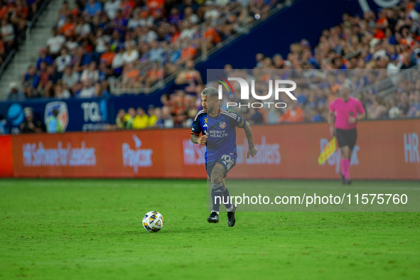 Cincinnati midfielder Luciano Acosta moves the ball upfield during the 'Hell is Real' Major League Soccer match between FC Cincinnati and th...