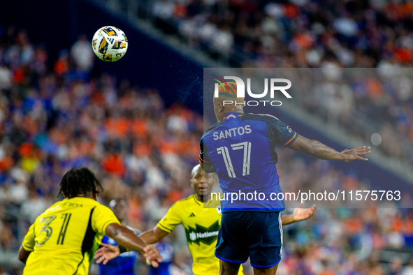 Cincinnati attacker Sergio Santos heads the ball during the 'Hell is Real' Major League Soccer match between FC Cincinnati and the Columbus...