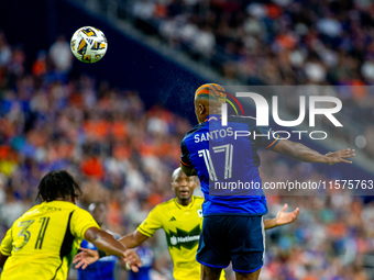 Cincinnati attacker Sergio Santos heads the ball during the 'Hell is Real' Major League Soccer match between FC Cincinnati and the Columbus...