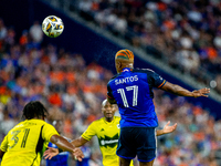 Cincinnati attacker Sergio Santos heads the ball during the 'Hell is Real' Major League Soccer match between FC Cincinnati and the Columbus...