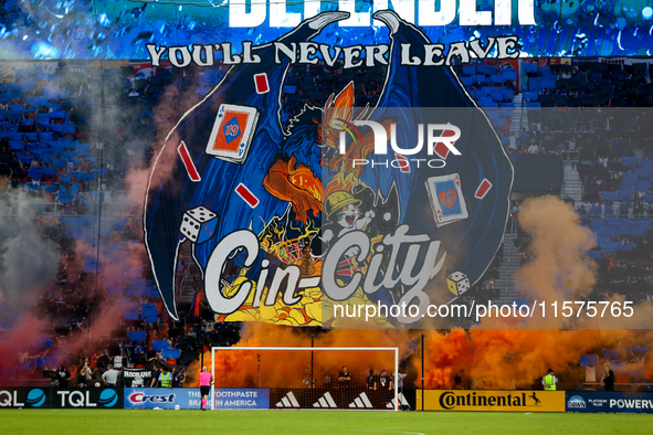 A tifo is seen prior to the start of the 'Hell is Real' Major League Soccer match between FC Cincinnati and the Columbus Crew at TQL Stadium...