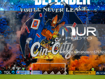 A tifo is seen prior to the start of the 'Hell is Real' Major League Soccer match between FC Cincinnati and the Columbus Crew at TQL Stadium...