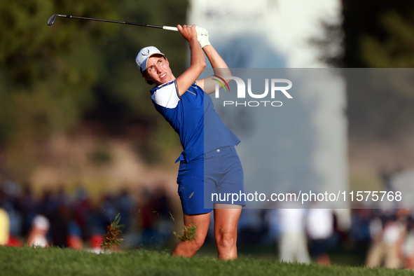 GAINESVILLE, VIRGINIA - SEPTEMBER 14: Carlota Ciganda of Team Europe hits from the 17th fairway during Day Two of the Solheim Cup at Robert...