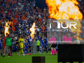 Players enter the pitch prior to the start of the 'Hell is Real' Major League Soccer match between FC Cincinnati and the Columbus Crew at TQ...