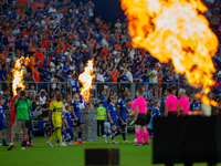 Players enter the pitch prior to the start of the 'Hell is Real' Major League Soccer match between FC Cincinnati and the Columbus Crew at TQ...