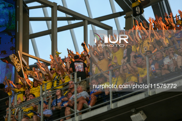 Columbus Crew fans are seen during the 'Hell is Real' Major League Soccer match between FC Cincinnati and the Columbus Crew at TQL Stadium i...