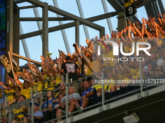 Columbus Crew fans are seen during the 'Hell is Real' Major League Soccer match between FC Cincinnati and the Columbus Crew at TQL Stadium i...