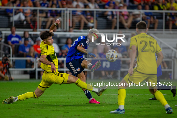 Cincinnati midfielder Luca Orellano takes a shot during the 'Hell is Real' Major League Soccer match between FC Cincinnati and the Columbus...