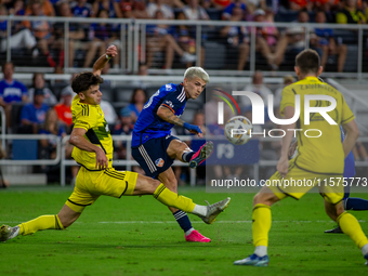 Cincinnati midfielder Luca Orellano takes a shot during the 'Hell is Real' Major League Soccer match between FC Cincinnati and the Columbus...