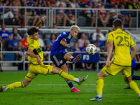 Cincinnati midfielder Luca Orellano takes a shot during the 'Hell is Real' Major League Soccer match between FC Cincinnati and the Columbus...