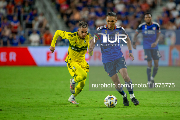 Cincinnati midfielder Yuya Kubo moves the ball upfield during the 'Hell is Real' Major League Soccer match between FC Cincinnati and the Col...