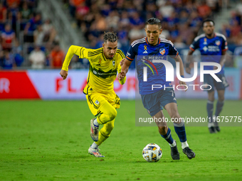 Cincinnati midfielder Yuya Kubo moves the ball upfield during the 'Hell is Real' Major League Soccer match between FC Cincinnati and the Col...