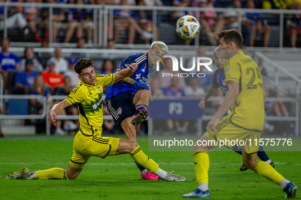 Cincinnati midfielder Luca Orellano takes a shot during the 'Hell is Real' Major League Soccer match between FC Cincinnati and the Columbus...