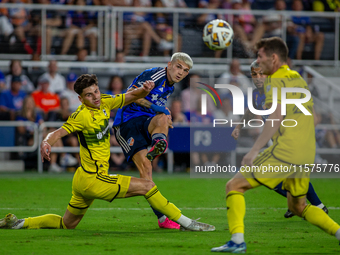 Cincinnati midfielder Luca Orellano takes a shot during the 'Hell is Real' Major League Soccer match between FC Cincinnati and the Columbus...