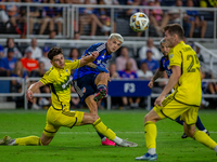 Cincinnati midfielder Luca Orellano takes a shot during the 'Hell is Real' Major League Soccer match between FC Cincinnati and the Columbus...