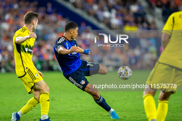 Cincinnati attacker Kevin Kelsy takes a shot on goal during the 'Hell is Real' Major League Soccer match between FC Cincinnati and the Colum...